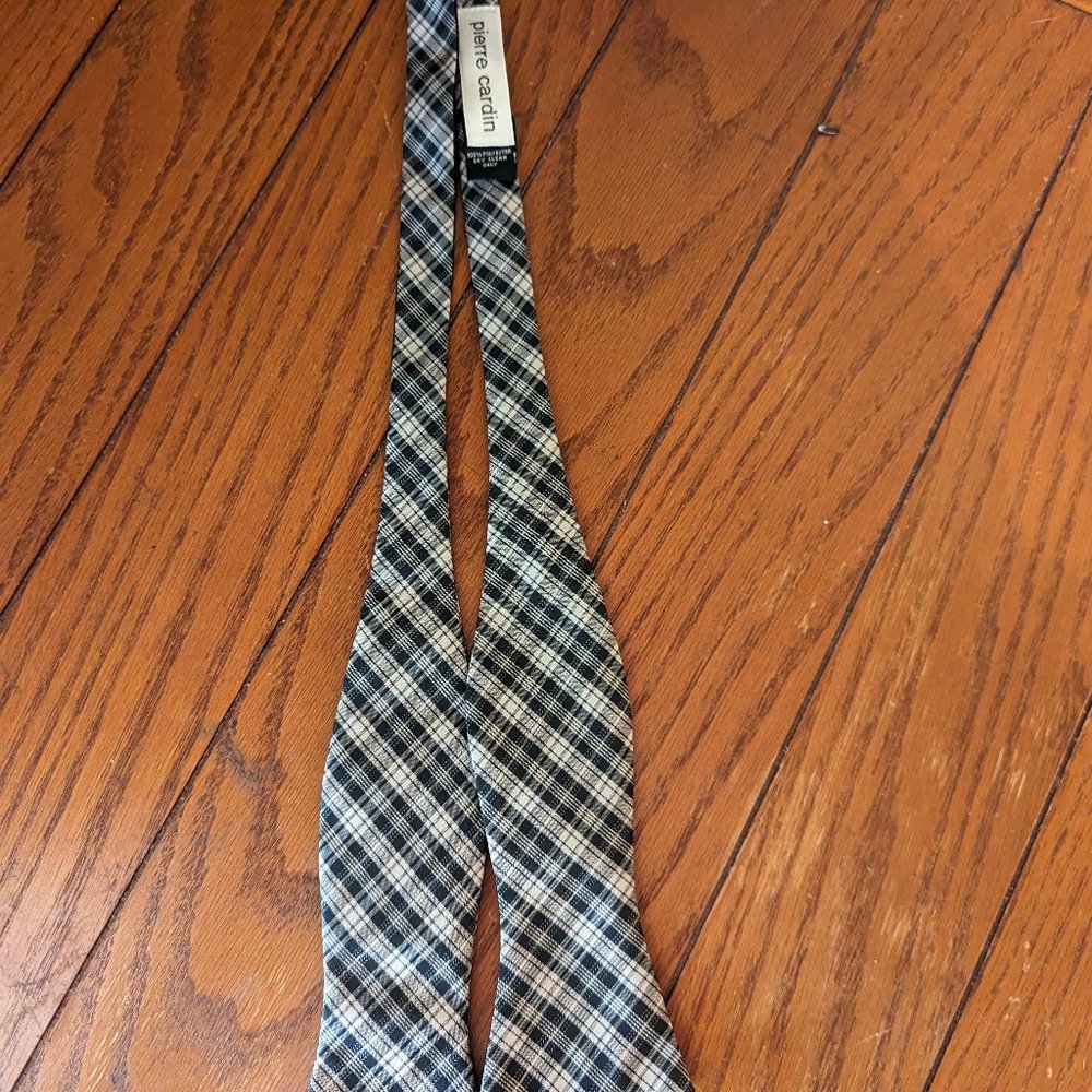 Pierre Cardin Blue Beige & Tan Checked Handmade Polyester Adjustable Bow Tie